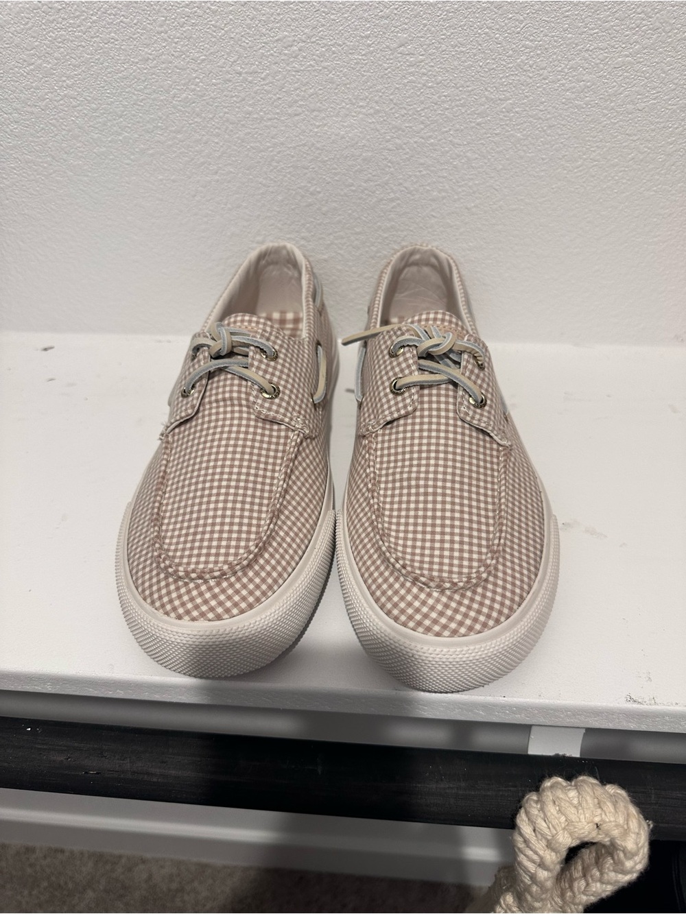 Sperry Gingham Canvas Boat Shoes in Light Beige